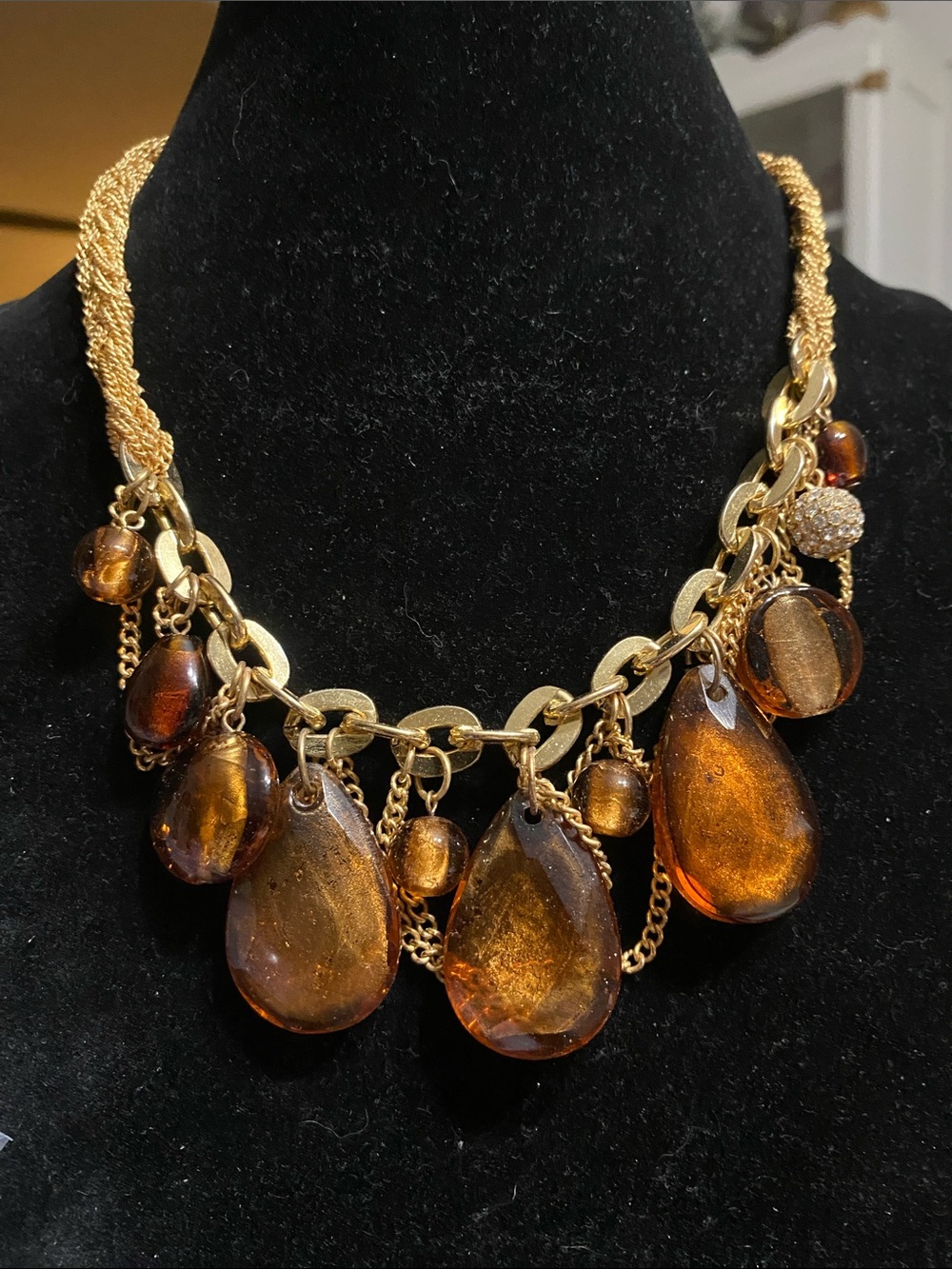 Gold-Tone Necklace with Amber Teardrop Glass Drops